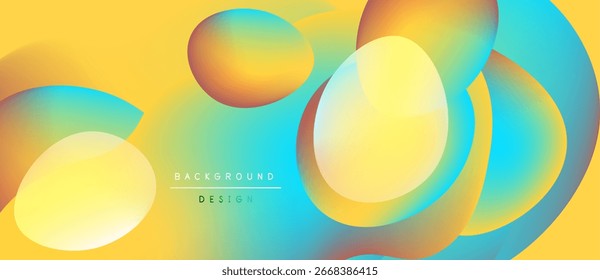 Abstract fluid shapes overlap, creating vibrant yellow, orange, turquoise gradients. Background design suggests motion, energy, modern aesthetic.
