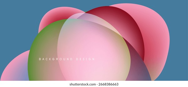 Abstract fluid shapes overlap, creating soft color gradients. Pink, green, purple hues blend against blue backdrop. Modern design element.