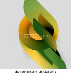 Formas de fluido abstratas se sobrepõem, criando gradientes dinâmicos. As tonalidades laranja e verde se misturam perfeitamente com o pano de fundo cinza. Elemento de design moderno.