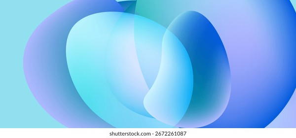 Abstract fluid shapes overlap, creating soft blue, purple gradients. Minimalist design evokes calm, modern aesthetic. Light plays with form.