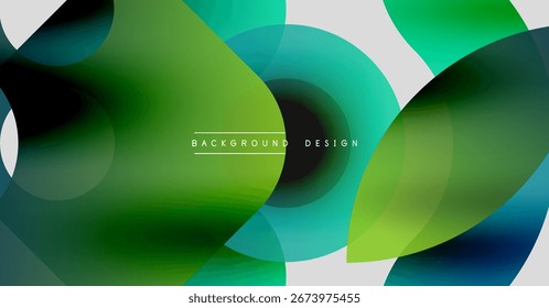 Abstract fluid shapes overlap, creating vibrant green, blue gradients. White space provides contrast, modern aesthetic. Text reads background design.