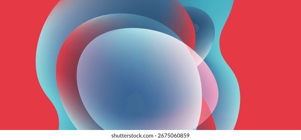 Las Formas de fluido Abstractas se superponen, creando mezclas de colores suaves. El fondo rojo contrasta con los azules fríos, los rosas. Diseño minimalista.