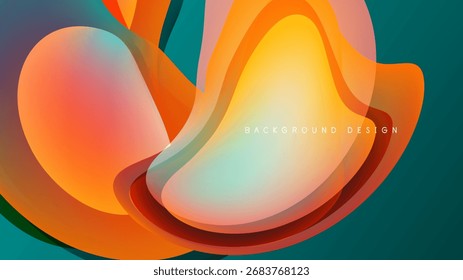 Abstrakte flüssige Formen überlappen sich und erzeugen lebendige Farbverläufe. Orange, Teal, rosafarbene Farbtöne dominieren den dunklen Hintergrund. Modernes Design.
