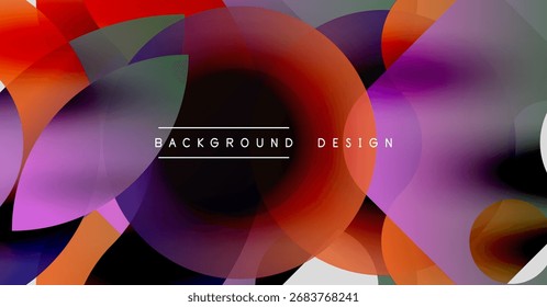 Abstract fluid shapes overlap, creating vibrant color gradients. Design features purple, orange, red hues with dark background.