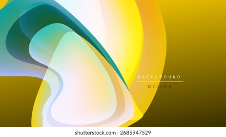 Abstract fluid shapes overlap, creating vibrant color gradients. Yellow, teal, white blend against dark background. Modern design element.