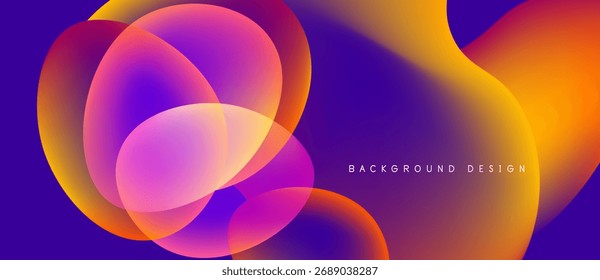 Abstract fluid shapes overlap, creating vibrant gradients. Purple, pink, orange hues blend seamlessly. Modern design element.