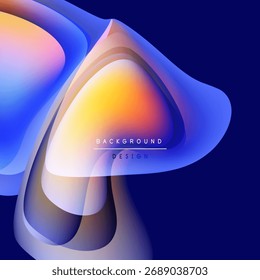 Abstract fluid shapes overlap, creating vibrant color gradients. Blue dominates background, orange center draws attention. Modern design element.