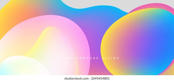 Las Formas Abstractas de fluidos se superponen, creando Gradientes de colores vibrantes. Los rosas suaves, azules y amarillos se mezclan a la perfección. Elemento de diseño moderno.