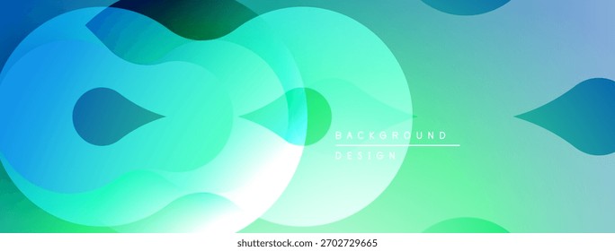 Abstract fluid shapes overlap, creating vibrant teal, green gradients. Modern design evokes movement, energy, freshness.