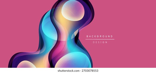 Formas de fluido abstratas se sobrepõem, criando gradientes de cores vibrantes. Fundo cor-de-rosa complementa tons azuis e amarelos. Elemento de design moderno.