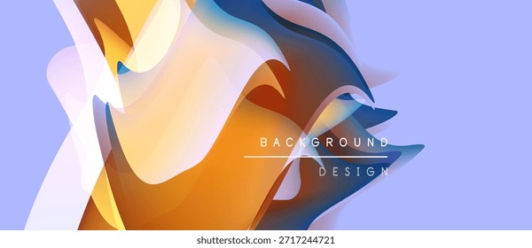 Formas fluidas abstratas se sobrepõem, criando composição dinâmica laranja, azul e amarelo. Gradientes de luz sugerem profundidade, design estético moderno.