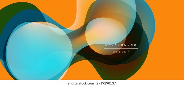 Formas de fluido abstratas se sobrepõem, criando gradientes de cores vibrantes. O plano de fundo laranja enfatiza os elementos de design de fluxo. Composição moderna e dinâmica.