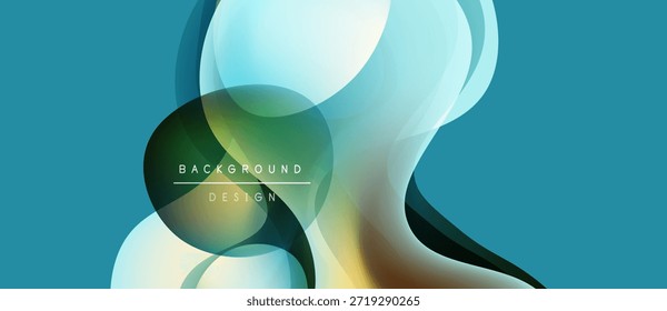 Formas de fluido abstratas se sobrepõem, criando composição dinâmica. Fundo azul complementa gradientes de cores suaves. Elemento de design moderno.
