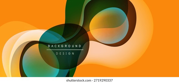 Las Formas de fluido Abstractas se superponen, creando vibrantes Gradientes naranjas, verdes y azules. Los Elementos de diseño modernos sugieren movimiento, energía, profundidad.