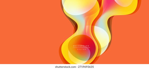 Formas de fluido abstratas se sobrepõem, criando gradientes de cores vibrantes. O plano de fundo laranja complementa os elementos de design. Composição moderna e dinâmica.