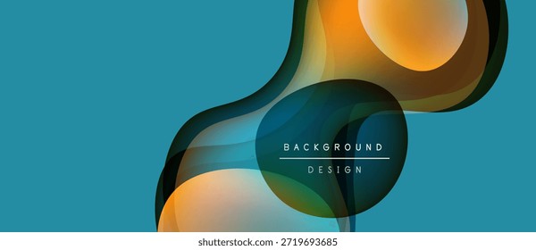 Las Formas de fluido Abstractas se superponen, creando una composición dinámica. Los colores cálidos contrastan con el fresco fondo azul. El texto lee el diseño de fondo.