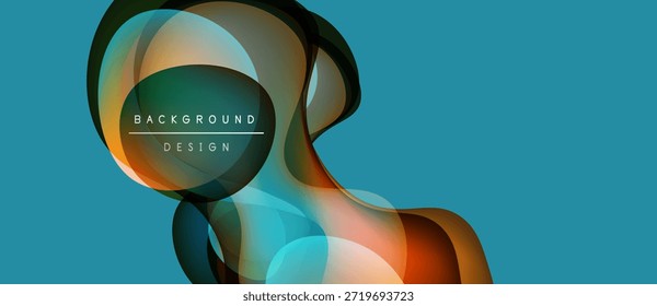 Formas de fluido abstratas se sobrepõem, criando gradientes de cores vibrantes. Fundo azul complementa laranja quente, tons azuis. Elemento de design moderno.