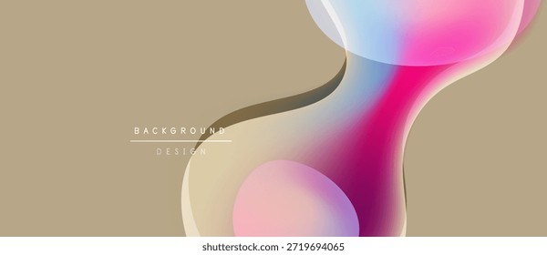 Formas de fluido abstratas se sobrepõem, criando gradientes de cores suaves. Fundo bege complementa rosa vibrante, blues, amarelos. Design minimalista.