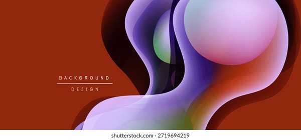 Formas de fluido abstratas se sobrepõem, criando gradientes de cores vibrantes. Fundo apresenta tons avermelhados quentes, curvas suaves, elementos de design modernos.