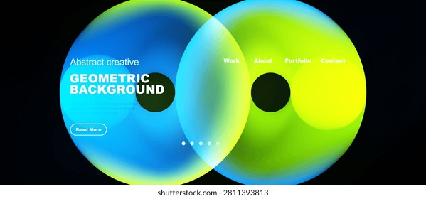 Abstract fluid shapes overlap, creating vibrant bluegreen gradient. Text elements present work, portfolio details. Modern design.