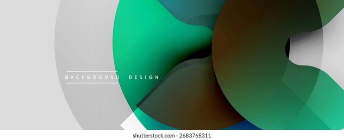 Abstract fluid shapes overlap. Green, brown, gray tones create modern design. Minimalist banner with text elements present.