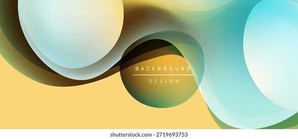 Las Formas de fluido Abstractas se superponen. Los Gradientes suaves crean un diseño de fondo dinámico y moderno. Los Colores incluyen tonos amarillos, azules y marrones.