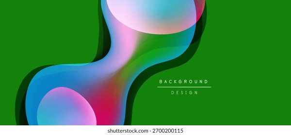 Formas fluidas abstratas se sobrepõem ao plano de fundo verde vibrante. Elementos de design modernos criam impacto visual dinâmico. Gradientes suaves sugerem movimento, profundidade.