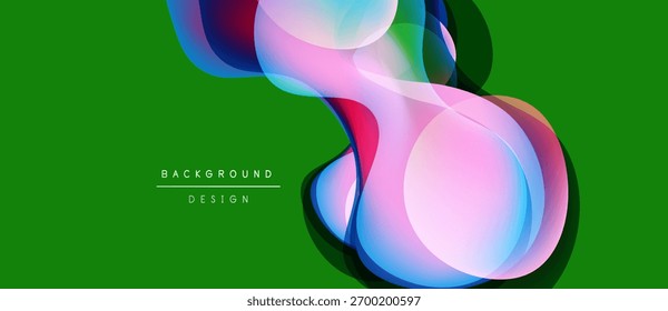Formas fluidas abstratas se sobrepõem ao plano de fundo verde vibrante. Elementos de design modernos criam impacto visual dinâmico. Gradientes suaves sugerem movimento, profundidade.