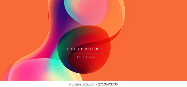 Formas fluidas abstratas se sobrepõem, cores vibrantes se misturam. O plano de fundo laranja complementa os elementos de design. Moderna estética, gradientes suaves presente.