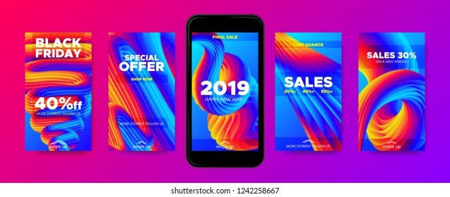 Abstract Fluid Shapes for Stories. Colorful Wave Flyer with 3d and Movement Effect. Abstract Poster with 2019 New Year Sales Promotion. Mobile Phone Screen Wallpaper Collection. Vector Abstract Cover.