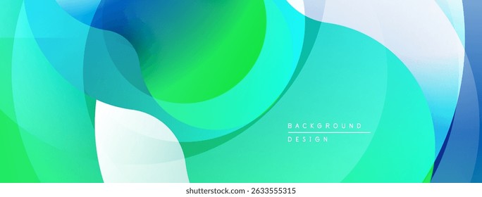 Abstract fluid shapes, vibrant blues, greens, whites create dynamic background. Smooth gradients suggest movement, depth. Modern design element.