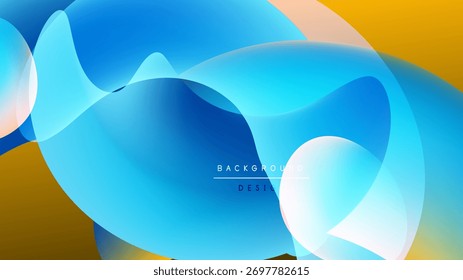 Formas fluidas abstratas, azuis vibrantes, laranjas, amarelos. Design moderno, gradientes suaves, fundo escuro cria profundidade.