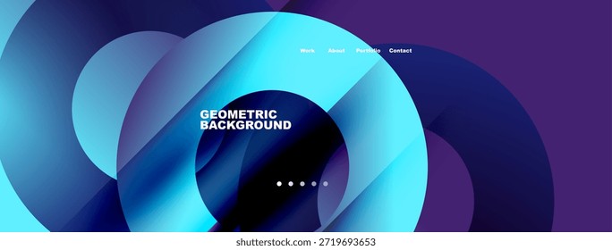 Abstractas Formas fluidas, azules vibrantes, púrpuras crean un fondo dinámico. El texto muestra la navegación por Sitio web, diseño geométrico.