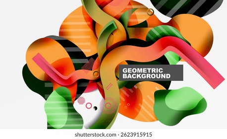 Abstract fluid shapes, vibrant colors, dynamic composition. Modern design elements create energetic visual experience.