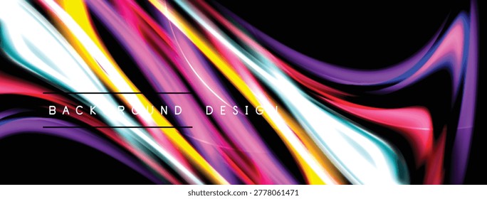 Abstract fluid shapes, vibrant colors blend. Dynamic composition creates modern visual impact. Black background emphasizes luminosity.