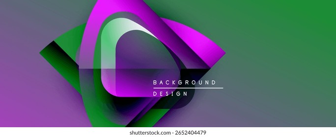 Abstract fluid shapes, vibrant purple, green hues. Modern design elements create dynamic background. Text reads background design.