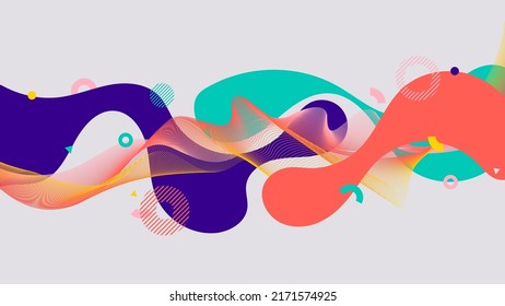 Abstract fluid shapes wave lines and geometric elements on white background. Vector illustration