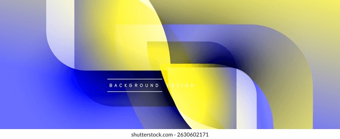 Abstract fluid shapes, yellow, blue gradients. Modern design elements overlap creating dynamic composition. Minimalist background texture.