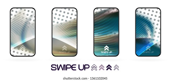 abstract fluid smoky gradient backdrop with  swipe up icon.  vector UI social network swipe stories invitation template  illustration