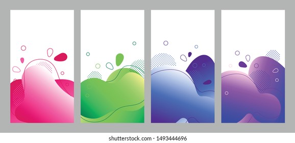 Abstract fluid social media background set. Wavy bubble web banner, screen, mobile app vaporwave colors design. Flowing liquid gradient shapes. Geometric social network stories theme template pack