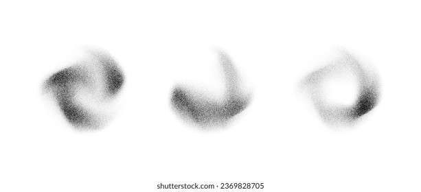 Resumen de los elementos de gradiente estilizados del líquido. Conjunto de formas de textura de grano de ruido. Sombrillas de spray punteadas en blanco y negro y manchas de polvo de arena. colección de formularios de bandeja de semitono. Desplazamientos de trabajo de puntos vectores