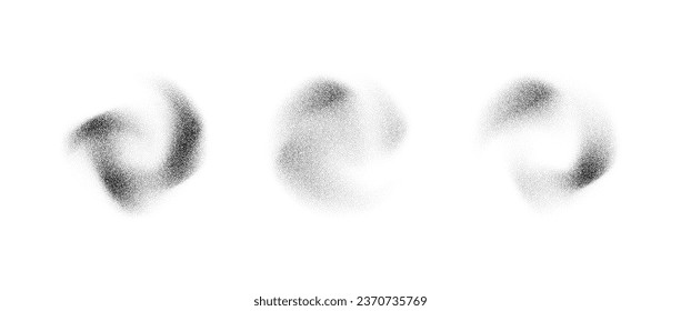 Abstract fluid stippled gradient elements. Noise grain texture stains shape set. Black and white dotted spray forms and sand dust spots. Halftone splatter shades collection. Vector dot work splashes