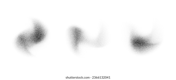 Abstract fluid stippled gradient splashes. Noise grain texture stains shape set. Black and white dotted spray shades and sand dust spots. Halftone splatter forms collection. Vector dotwork elements