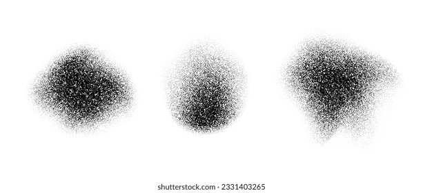 Abstract fluid stippled gradients stains. Noise grain texture shapes set. Black dotted spray splashes and sand dust spots. Dotwork elements and halftone splatter forms collection. Vector