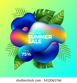 Abstract Fluid Summer Sale Banner Background with Tropical Leaves