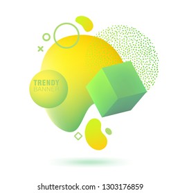Abstract, fluid, trendy gradient banner in green and yellow colors. Dynamical colored forms with lines, flowing liquid shapes and 3D elements. Template for design of a logo, presentation or flyer.