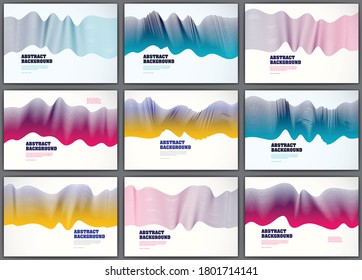 Abstract fluid vector backgrounds with colorful lines waves set. 3d colorful gradient motion art. Lined texture, dynamic surface, curve lines, flow shape.