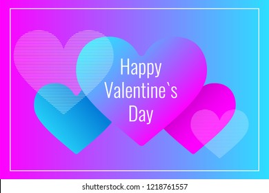 Abstract fluid vector greeting card with pink and blue hearts. White text Happy Valentines Day.