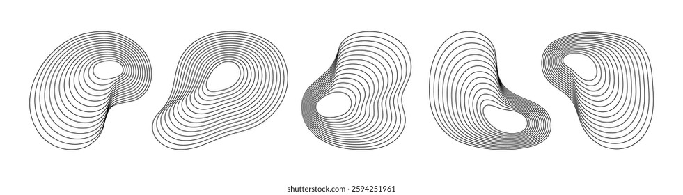 Abstract fluid waveforms with contour lines creating organic shapes. Collection of different shape circular wave. Minimal and futuristic design. Vector illustration