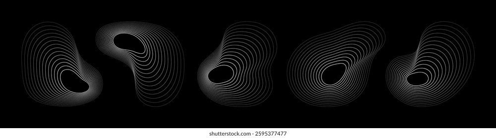 Abstract fluid waveforms with contour lines creating organic shapes. Collection of different shape circular wave. Minimal and futuristic design. Vector illustration